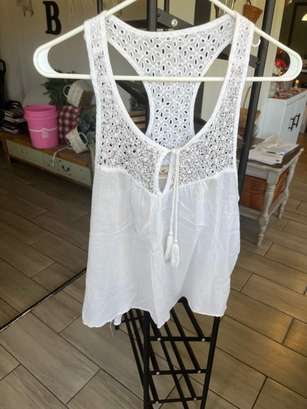 Hollister White Crochet-Back Tassel Tank